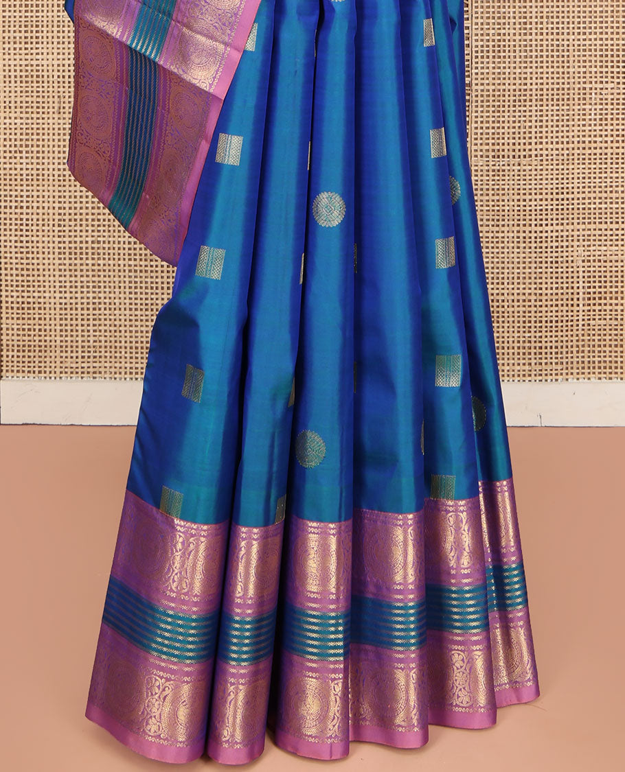 Blue Vasundhara Silk Saree, Enthralled with Zari Buttas All Over Its Body, Complemented by a Contrast Border of Neli, and Round Chakram Designs, Grand Jaal Pallu, and Paired with a Contrast Blouse