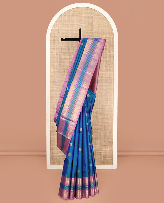 Blue Vasundhara Silk Saree, Enthralled with Zari Buttas All Over Its Body, Complemented by a Contrast Border of Neli, and Round Chakram Designs, Grand Jaal Pallu, and Paired with a Contrast Blouse