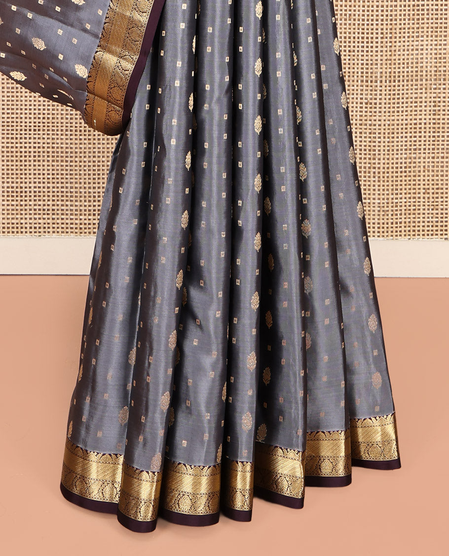 Grey Vasundhara Silk Saree, Subtly Sparkled with Zari Buttas, Contrast Traditional Zari Border, Geometric Pallu, and a Contrast Blouse