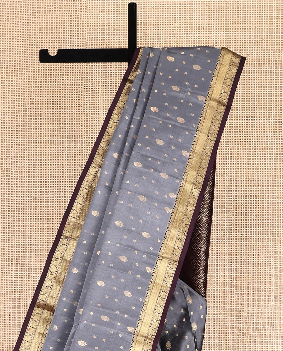 Grey Vasundhara Silk Saree, Subtly Sparkled with Zari Buttas, Contrast Traditional Zari Border, Geometric Pallu, and a Contrast Blouse