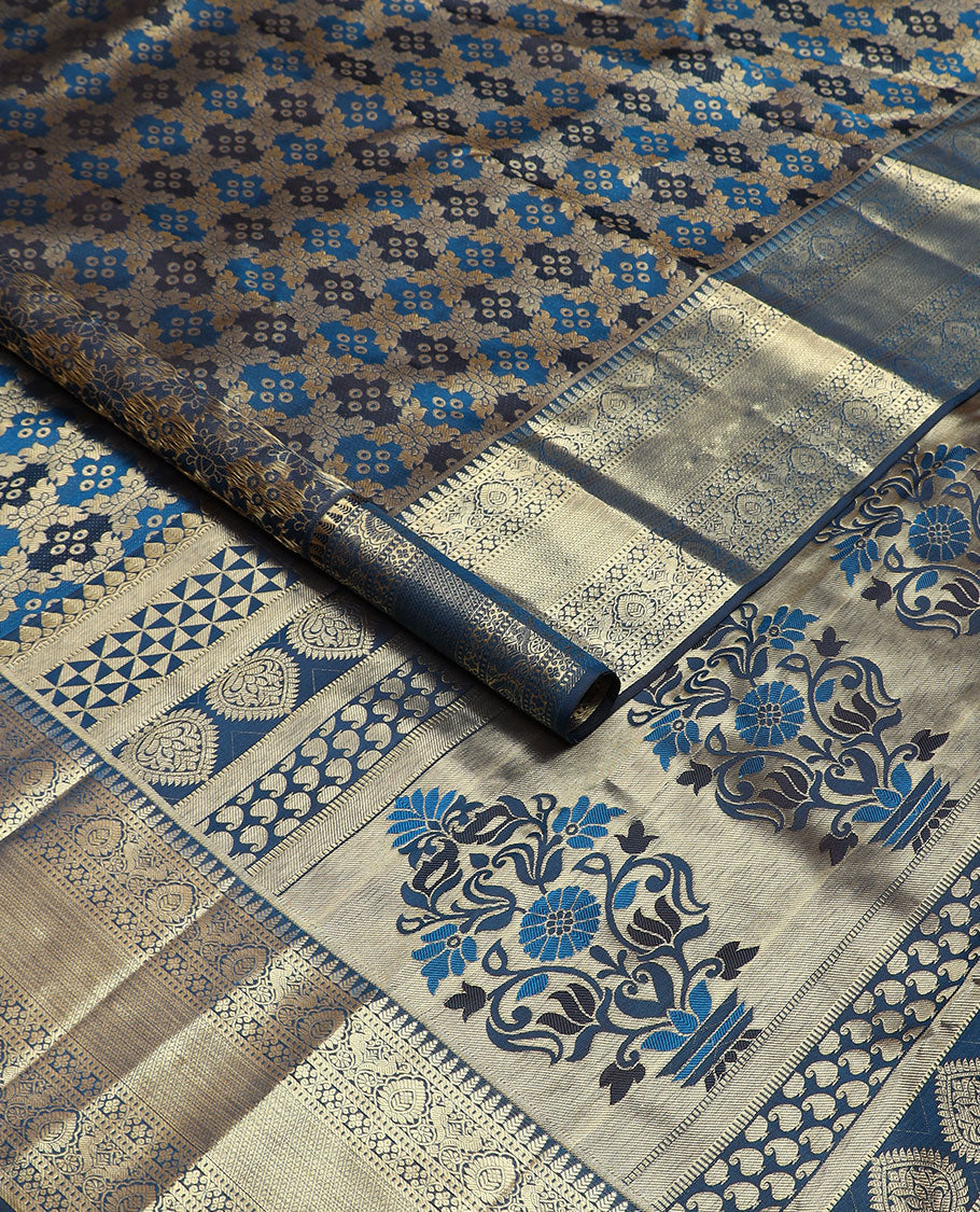 Blue rangkat style jacquard Kanchipuram wedding silk saree, traditional zari border, and pallu of Mughal style floral bouquets