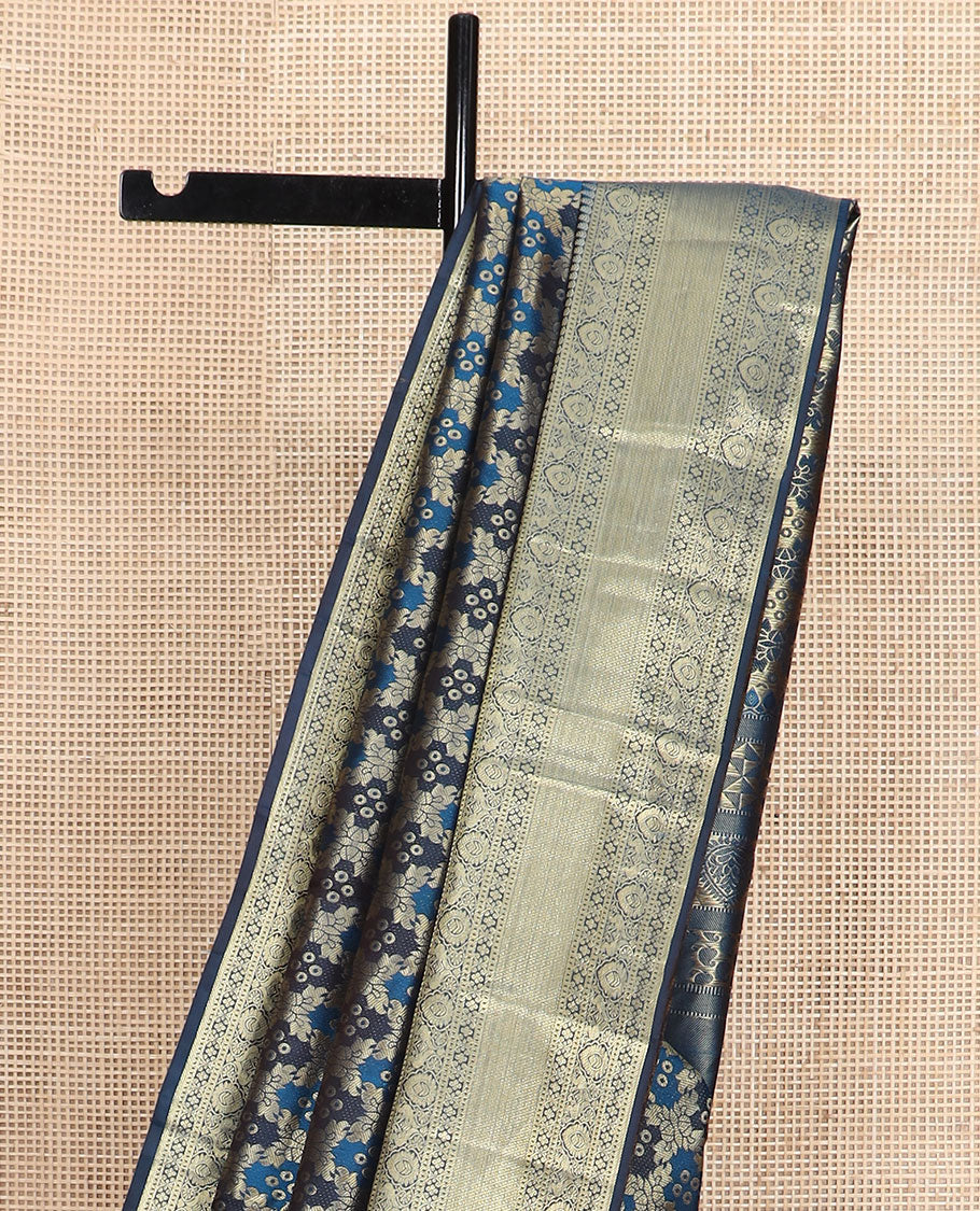 Blue rangkat style jacquard Kanchipuram wedding silk saree, traditional zari border, and pallu of Mughal style floral bouquets