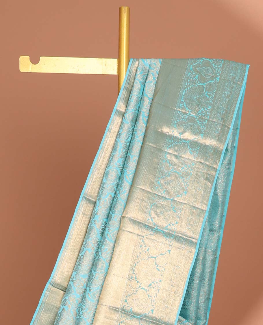 Blue floral jacquard kancheepuram silk aree with self intricate zari border & traditional zari design pallu