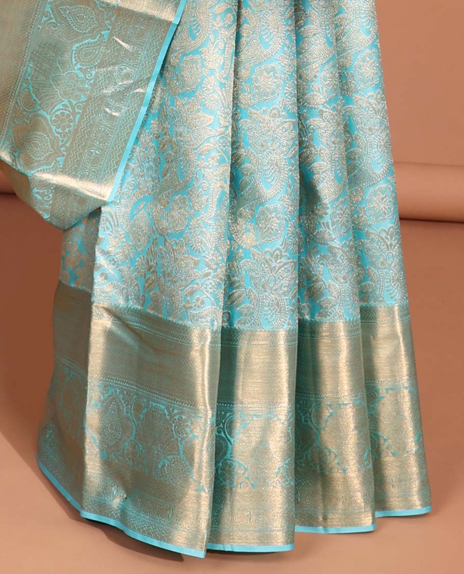 Blue floral jacquard kancheepuram silk aree with self intricate zari border & traditional zari design pallu
