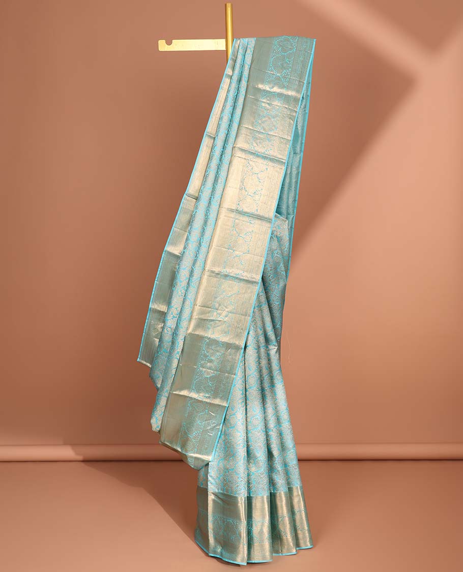Blue floral jacquard kancheepuram silk aree with self intricate zari border & traditional zari design pallu