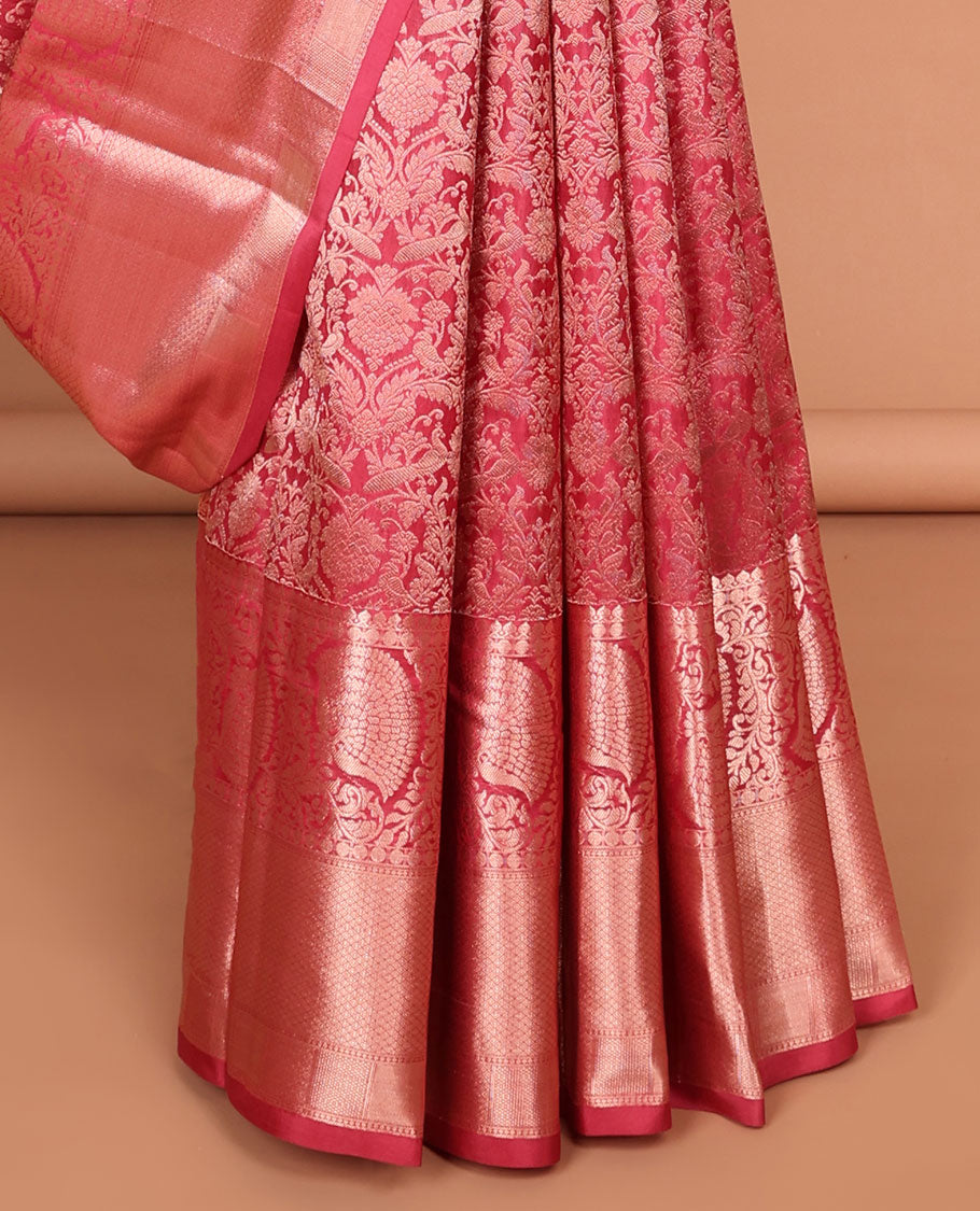 Red floral jacquard kancheepuram silk saree with self-border of thilakam mokku, muthu, kuyil kann design & zari design pallu