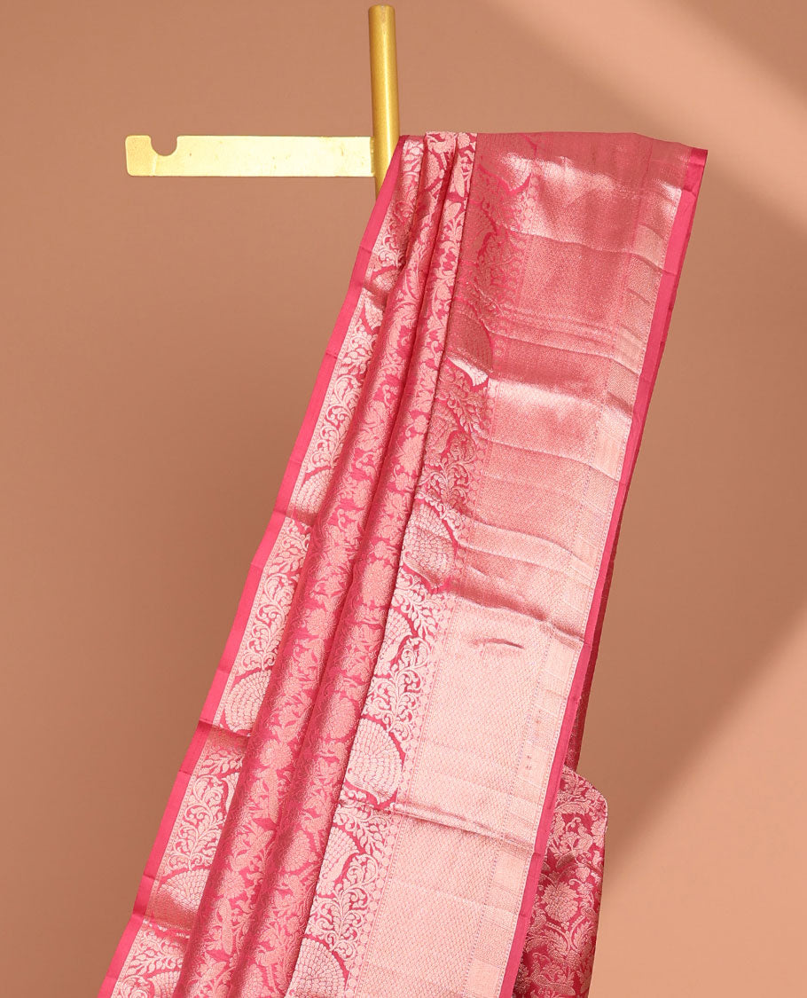 Red floral jacquard kancheepuram silk saree with self-border of thilakam mokku, muthu, kuyil kann design & zari design pallu