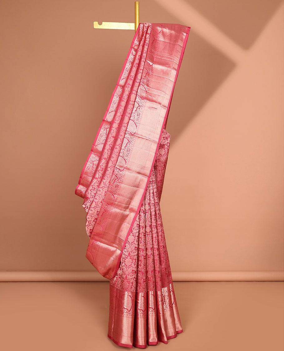 Red floral jacquard kancheepuram silk saree with self-border of thilakam mokku, muthu, kuyil kann design & zari design pallu