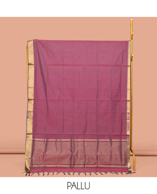 Light Purple Sparsely Striped Mangalgiri Cotton Saree, Highlighted by a Zari Border, Gleaming Zari-Striped Pallu, and Paired with a Matching Blouse