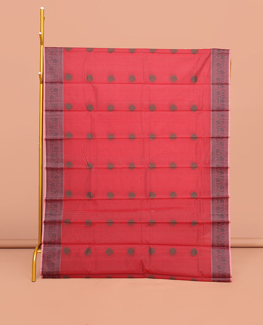 Red Semi-Silk Cotton Saree, Delicately Designed with Buttas All Over Its Body, Contrast Floral Design Border, Sparsely Woven Pallu, and Paired with a Matching Blouse