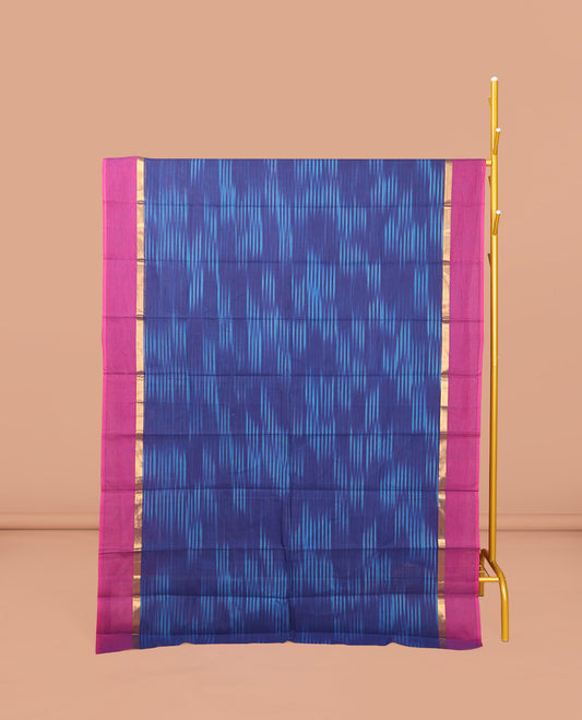 Blue IkatTextured Chirala Cotton Saree, a Contrast Border, Self-Pallu, and a Matching Blouse