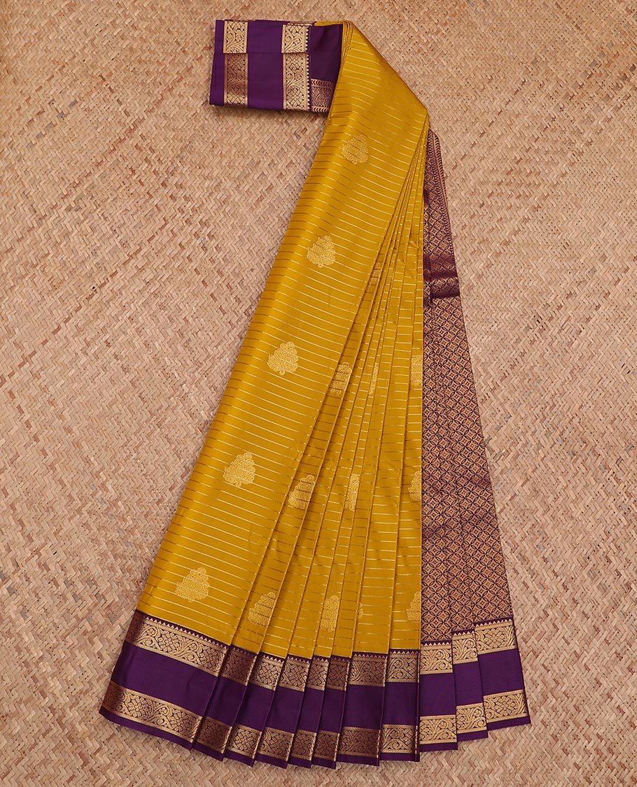 Mustard stripes and zari buttas gift saree, contrast traditional zari design rettai pettu border, and jaal pallu