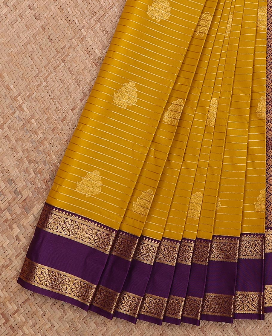 Mustard stripes and zari buttas gift saree, contrast traditional zari design rettai pettu border, and jaal pallu