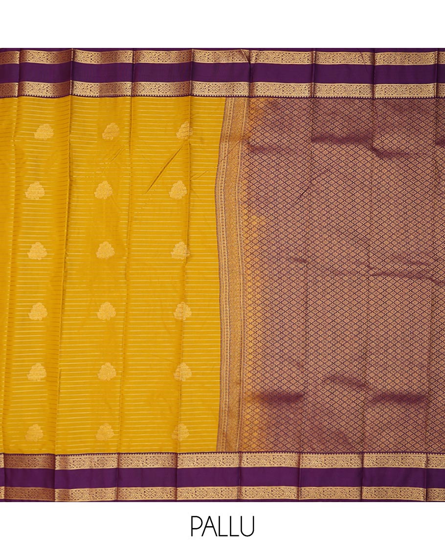 Mustard stripes and zari buttas gift saree, contrast traditional zari design rettai pettu border, and jaal pallu