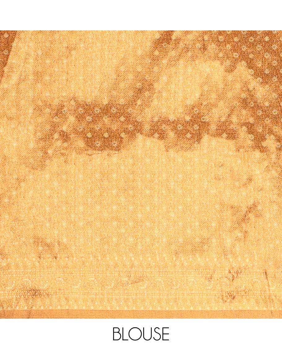 Brown buttas tissue half saree with contrast zari design border, checked design blouse & floral design dhavani