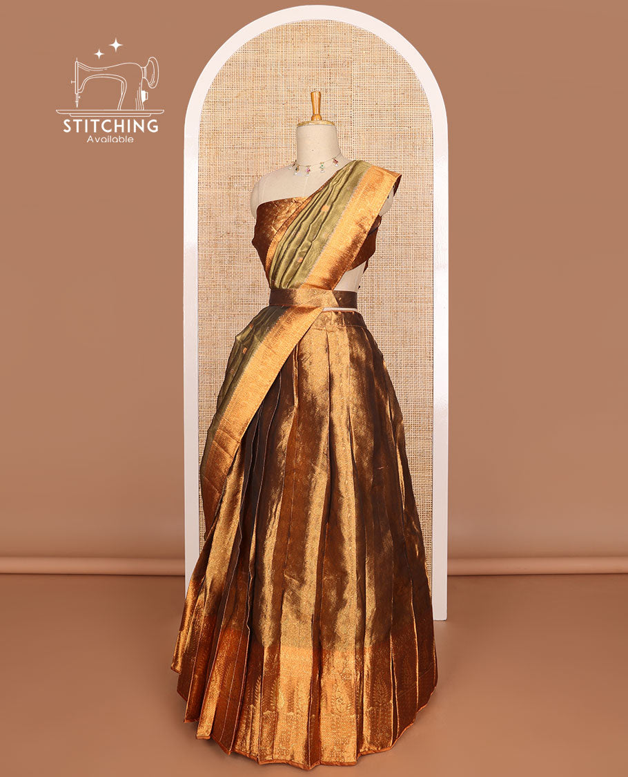 Brown buttas tissue half saree with contrast zari design border, checked design blouse & floral design dhavani
