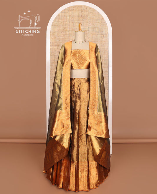 Brown buttas tissue half saree with contrast zari design border, checked design blouse & floral design dhavani
