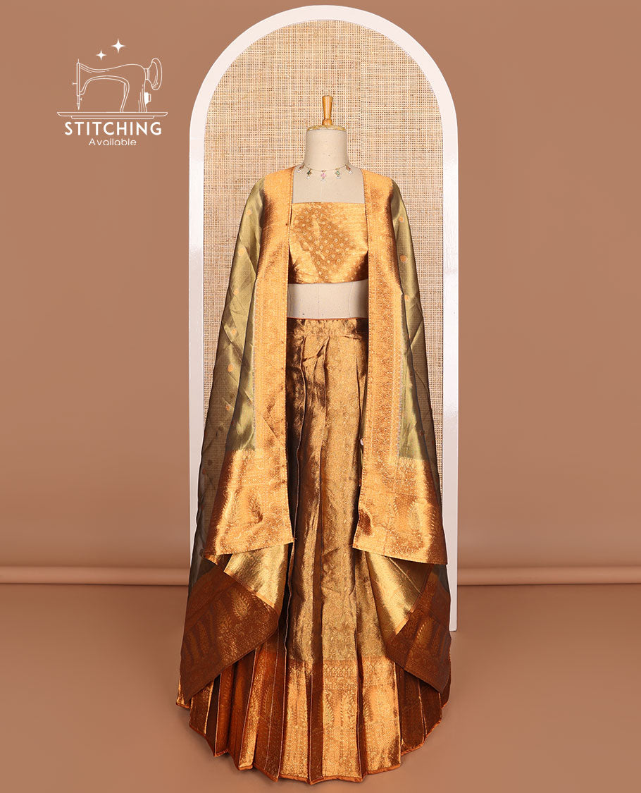 Brown buttas tissue half saree with contrast zari design border, checked design blouse & floral design dhavani