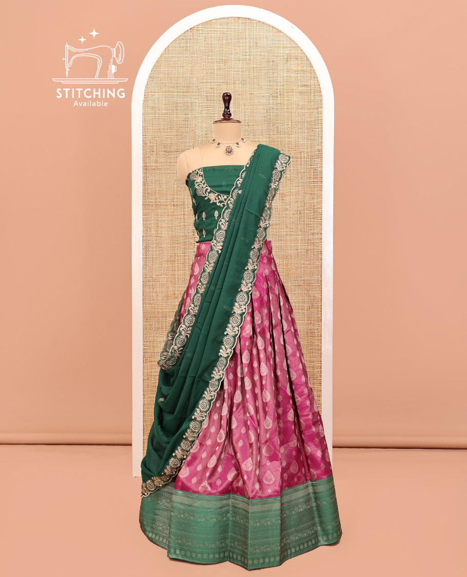 Pink Art Silk Half Saree, Adorned with Buttas Woven Skirt, Contrast Traditional Border, an Embroidered Blouse, and Contrast Scallop Embroidered Dhavani