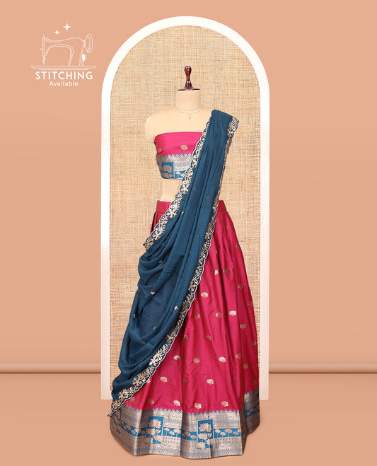 Magenta Banarasi Half-Saree, Embellished with Zari Buttas Skirt, a Contrast Traditional Border, Matching Embroidered Blouse, and Contrast Scallop Embroidered Dupatta