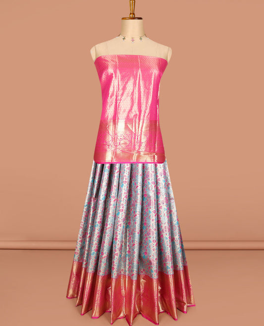 Blue floral jacquard art silk half-saree, contrast zari design dhavani, zari border & blouse of traditional designs