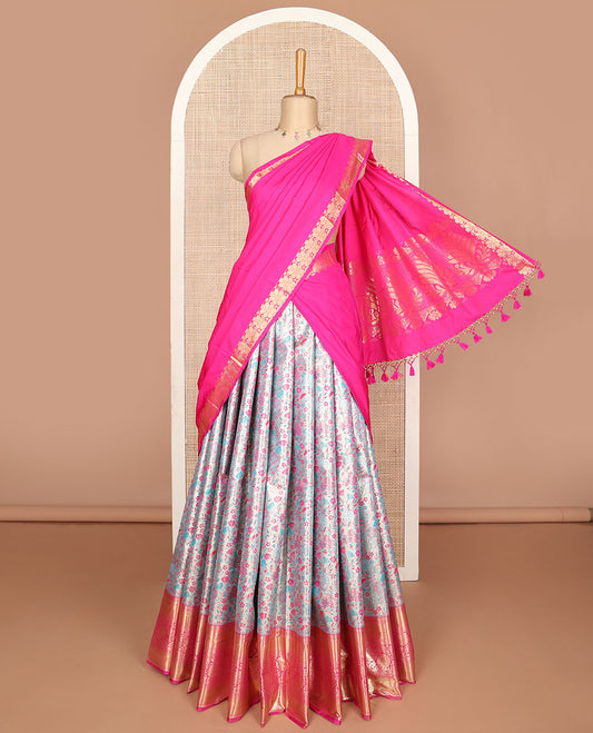 Blue floral jacquard art silk half-saree, contrast zari design dhavani, zari border & blouse of traditional designs
