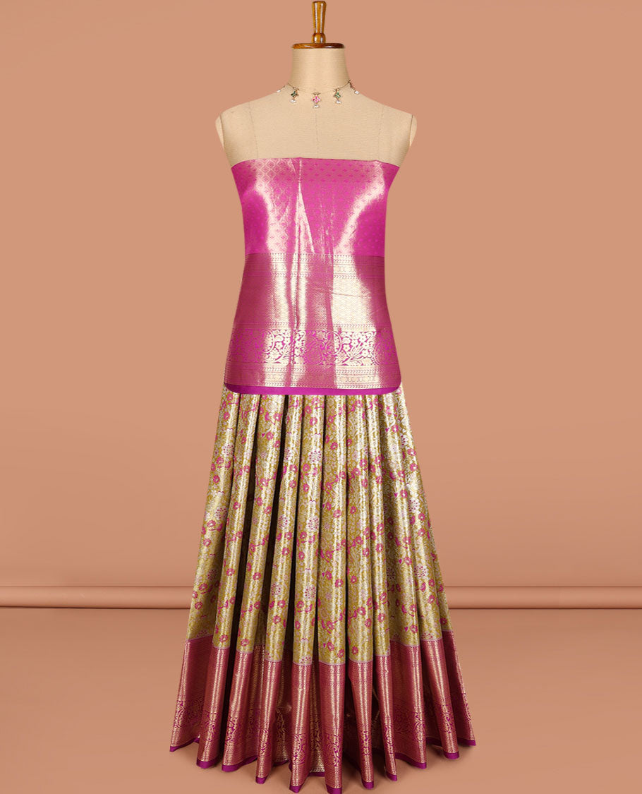 Mustard art silk half saree, meena floral jacquard with contrast traditional zari border skirt, jacquard contrast blouse, and zari woven dhavani