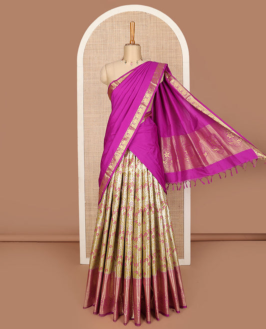 Mustard art silk half saree, meena floral jacquard with contrast traditional zari border skirt, jacquard contrast blouse, and zari woven dhavani