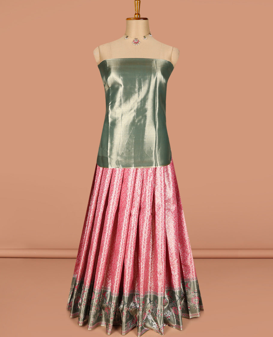 Light red art silk half-saree pavadai material, jacquard with contrast traditional border skirt, jaal jacquard blouse, and zari design dhavani