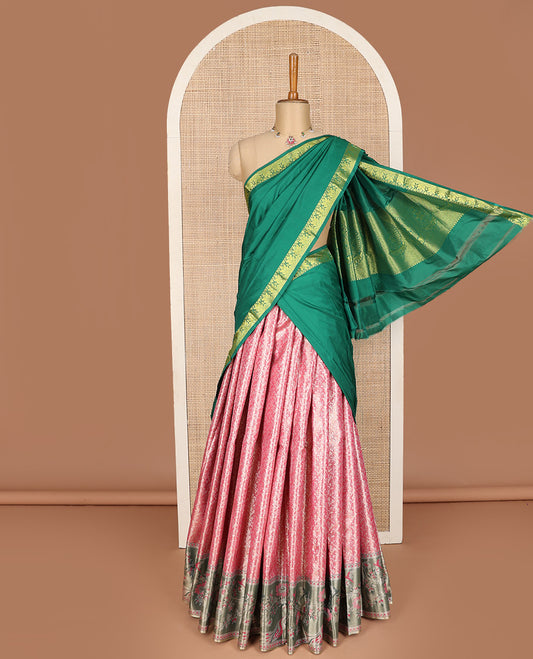 Light red art silk half-saree pavadai material, jacquard with contrast traditional border skirt, jaal jacquard blouse, and zari design dhavani