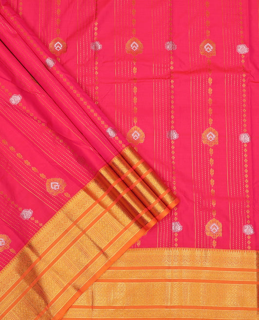 Red art silk pavadai set, zari design with contrast traditional zari bordered skirt and a contrast zari design blouse