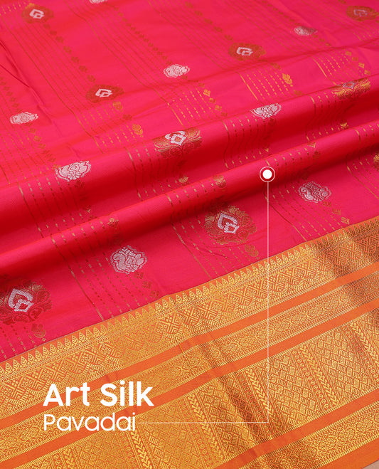 Red art silk pavadai set, zari design with contrast traditional zari bordered skirt and a contrast zari design blouse