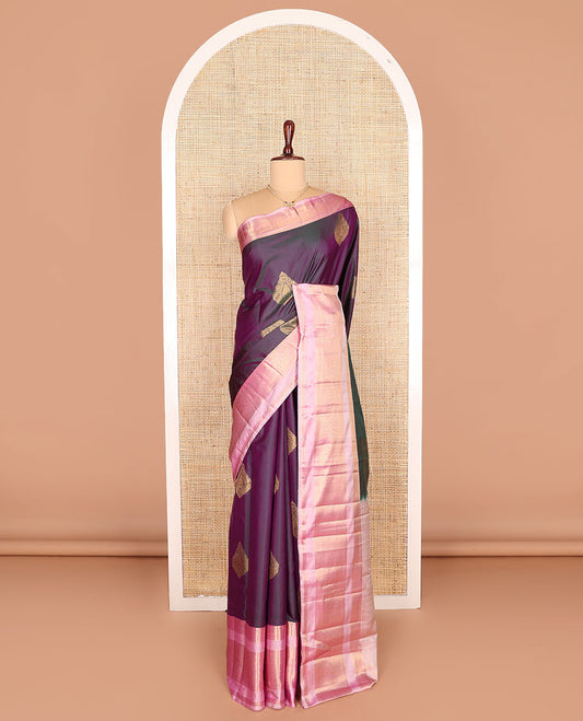 Purple zari buttas budget silk saree, contrast traditional zari varisai pettu border, and pallu of jaal design