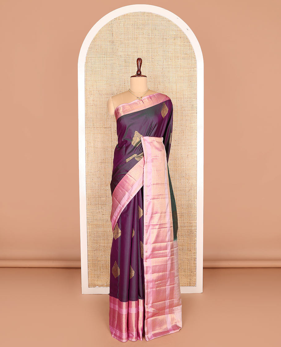 Purple zari buttas budget silk saree, contrast traditional zari varisai pettu border, and pallu of jaal design