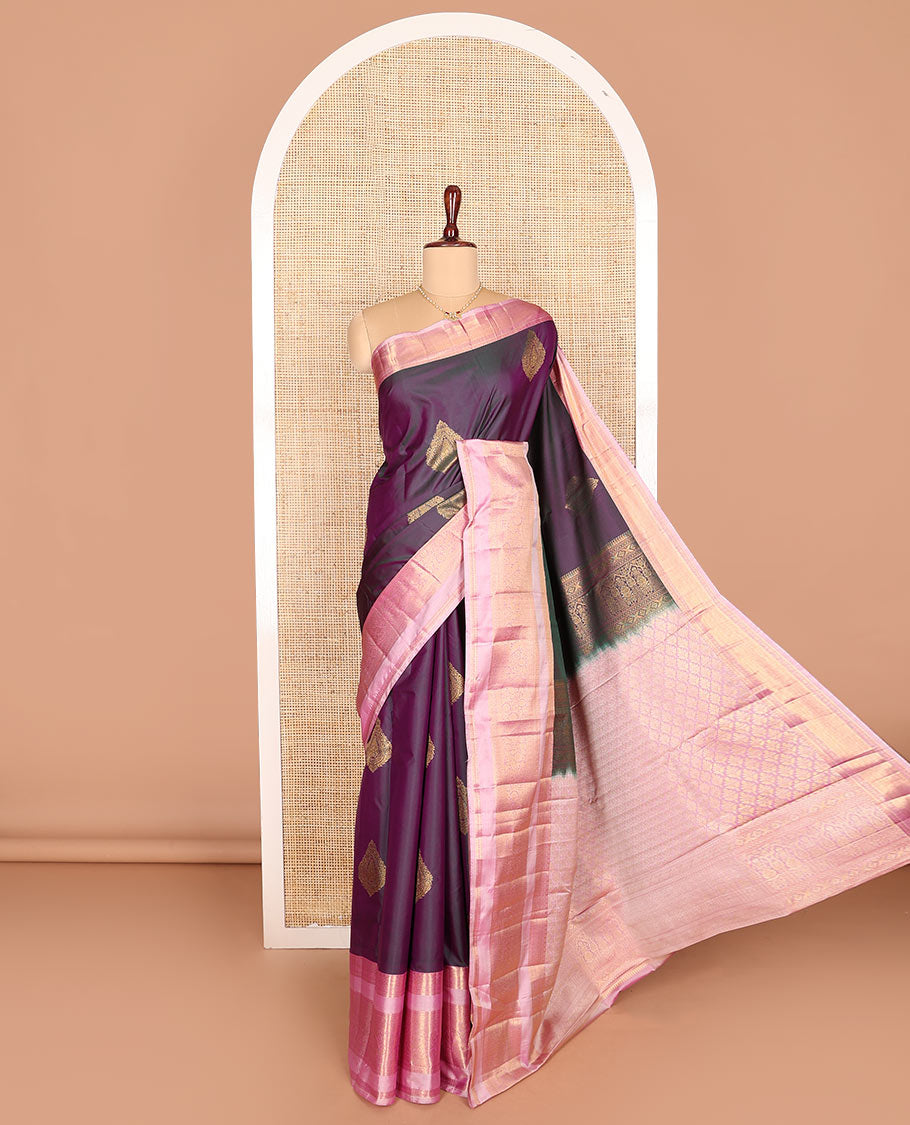 Purple zari buttas budget silk saree, contrast traditional zari varisai pettu border, and pallu of jaal design