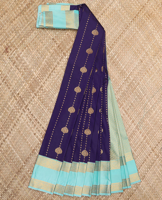 Violet zari design budget silk saree, contrast traditional zari rettai pettu border, and jaal pallu