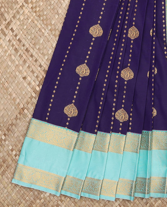 Violet zari design budget silk saree, contrast traditional zari rettai pettu border, and jaal pallu