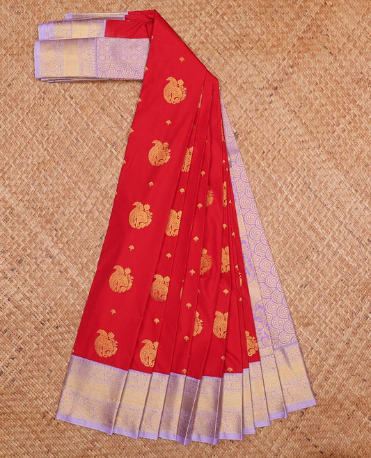 Red zari buttas gift saree, contrast traditional zari design border, and pallu of paisley and ogee patterns