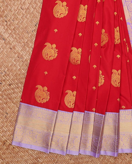 Red zari buttas gift saree, contrast traditional zari design border, and pallu of paisley and ogee patterns