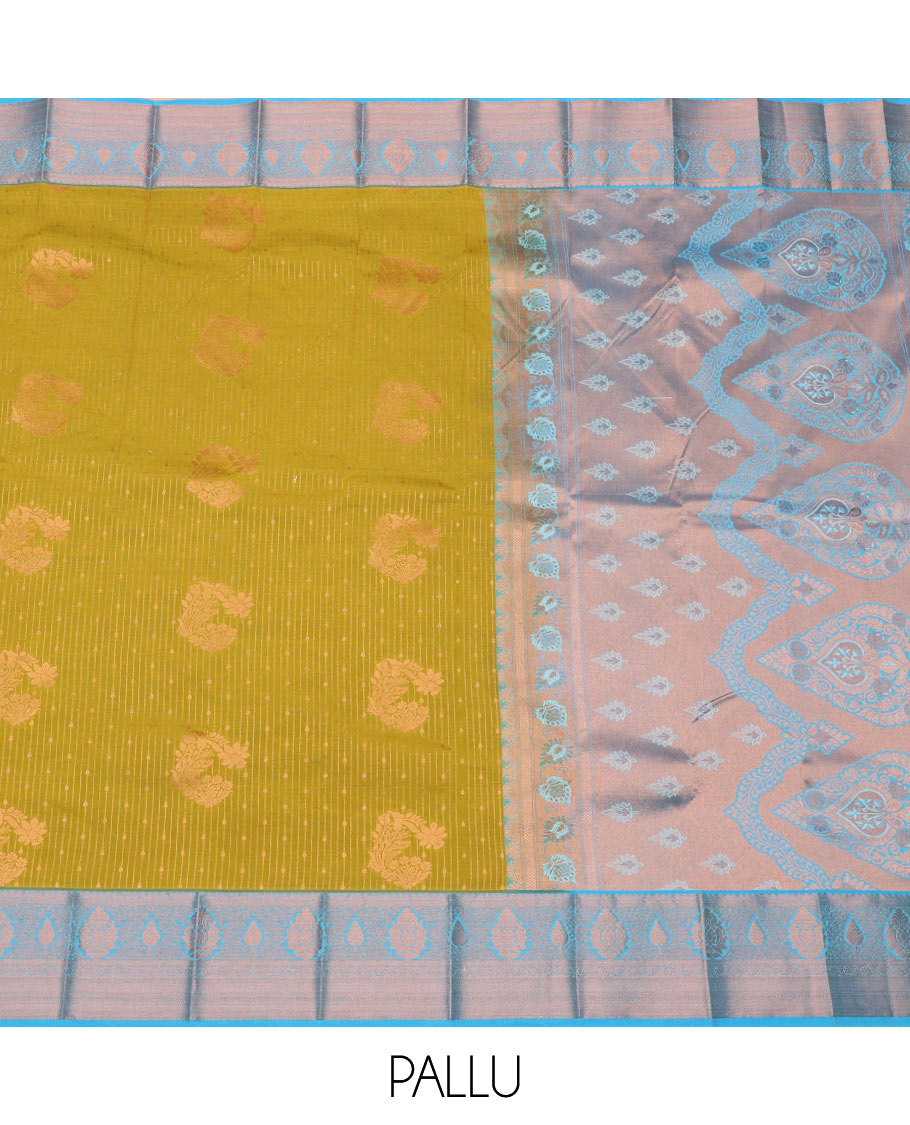 Green Budget Silk Saree Features Zari Buttas and Zari Stripes, a Hazyliy Zari Woven Contrasting Traditional Zari Border, a Zari-Decked-Up Pallu, and a Contrasting Zari-Bordered Blouse