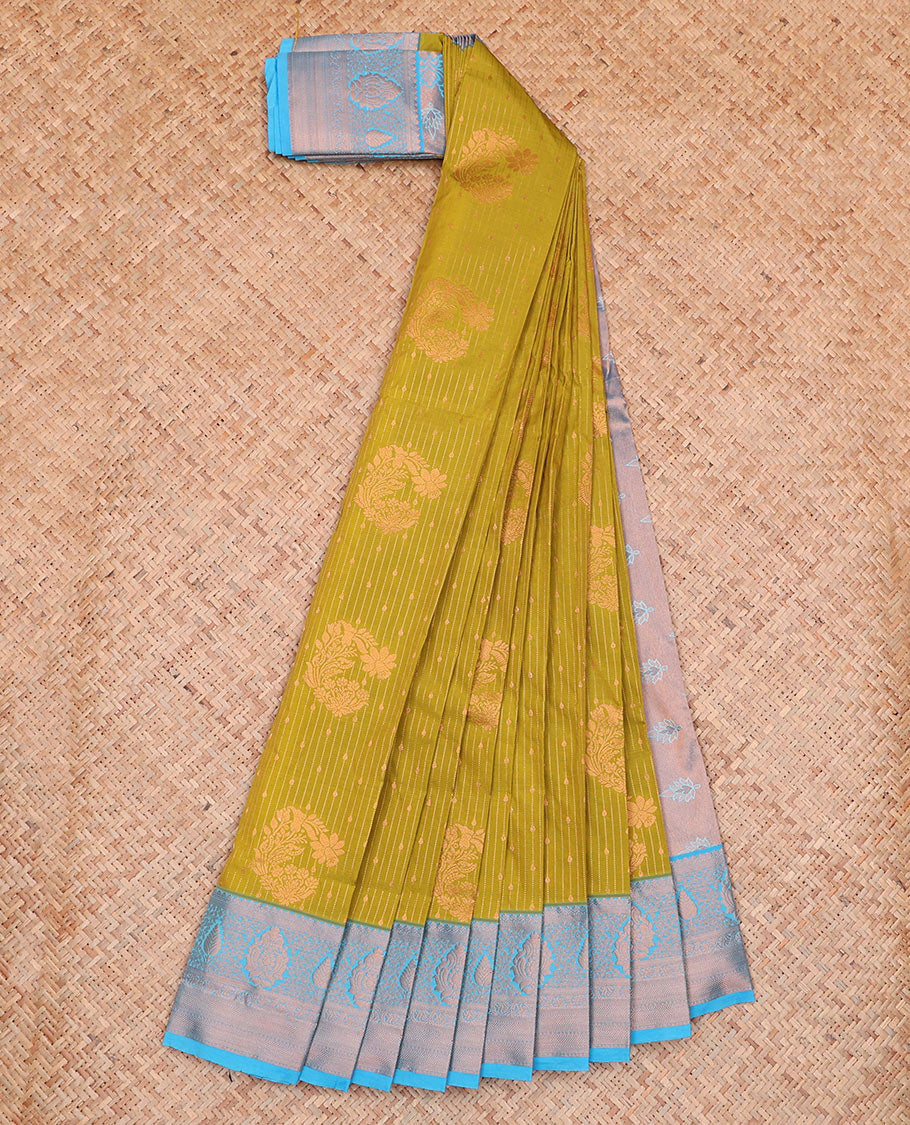 Green Budget Silk Saree Features Zari Buttas and Zari Stripes, a Hazyliy Zari Woven Contrasting Traditional Zari Border, a Zari-Decked-Up Pallu, and a Contrasting Zari-Bordered Blouse