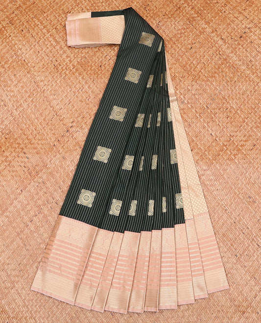 Green Budget Silk Saree, Ornamented with Zari Buttas and Stripes on Its Body, Complemented by a Contrast Traditional Zari Design Border, Grand Jaal Pallu, and Paired with a Contrast Blouse