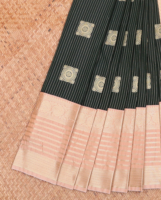 Green Budget Silk Saree, Ornamented with Zari Buttas and Stripes on Its Body, Complemented by a Contrast Traditional Zari Design Border, Grand Jaal Pallu, and Paired with a Contrast Blouse