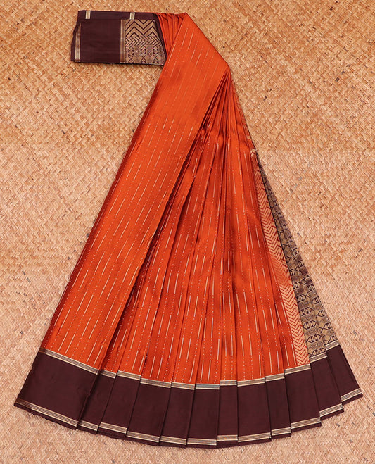 Rust Orange Budget Silk Saree Graced with Raindrop Buttas, Featuring a Simple Contrast Zari Striped Border, Enriched with an Intricately Designed Pallu, and Paired with a Contrast Subtle Blouse