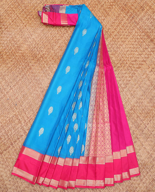 Blue Budget Silk Saree, Elevated with Buttas All Over Its Body, Complemented by a Contrast Traditional Zari Design Rettai Pettu Border, Grand Pallu of Jaal Designs, and Paired with a Contrast Blouse