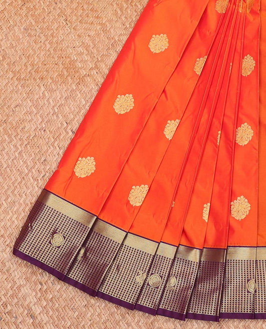 Orange Budget Silk Saree, Embellished with Zari Buttas All Over Its Body, Complemented by a Contrast Checked Zari Border of Peacock-Chakram Designs, Intricately Designed Pallu, and Paired with a Contrast Blouse