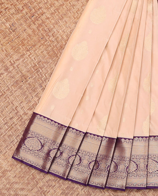 Pale Peach Budget Silk Saree, Woven with Zari Buttas All Over Its Body, Complemented by a Contrast Traditional Zari Design Border, Grand Jaal-Patterned Pallu, and Paired with a Contrast Blouse