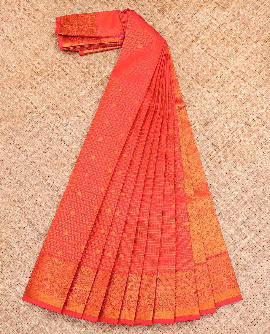 Orange Budget Silk Saree, Adorned with Zari Buttas and Checks All Over Its Body, Highlighted by a Traditional Zari Design Border, Ogee-Patterned Pallu, and Paired with a Matching Blouse