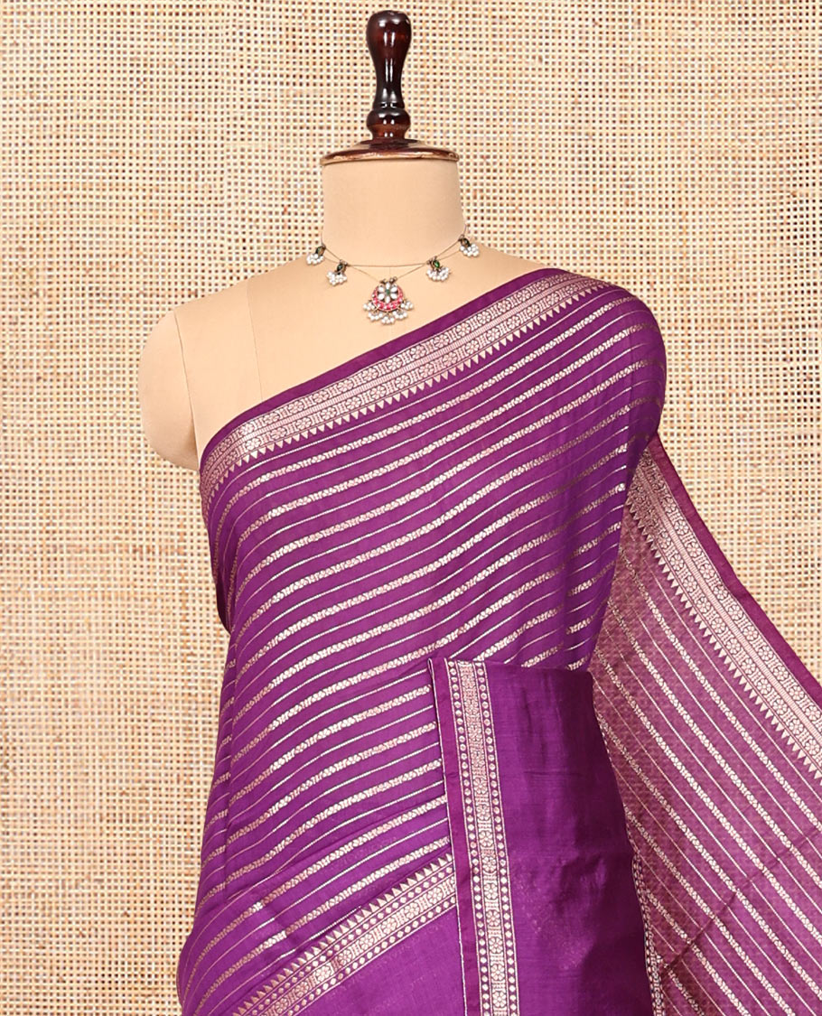 Purple Assam Silk Saree, Graced with Zari Stripes, Highlighted by a Traditional Border, Zari Striped Pallu, and a Matching Blouse