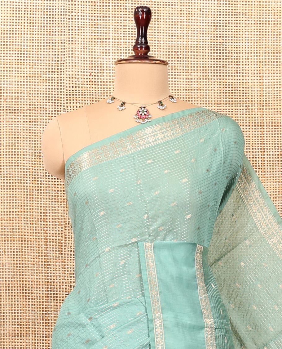 Blue Assam Silk Saree, Detailed with Buttas and Stripes, Traditional Zari Border, Zari-Design Pallu, and a Contrast Blouse